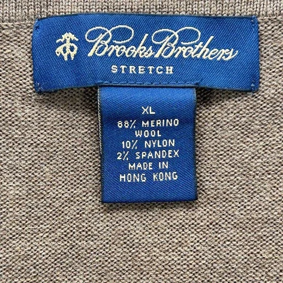 Brooks Brothers Sweater Men's XL Brown V-Neck Merino Wool Blend Stretch Preppy